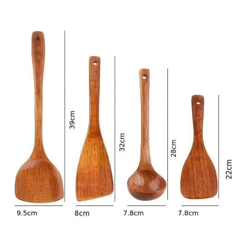 Colher de Pau e Conjunto de Utensílios de Cozinha com 4 Peças em Madeira, Pá, Colher, Espátula e Concha para Panelas Antiaderentes - Haustter - Haustter