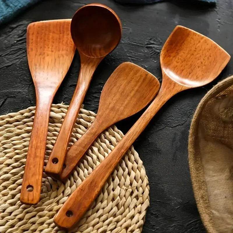 Colher de Pau e Conjunto de Utensílios de Cozinha com 4 Peças em Madeira, Pá, Colher, Espátula e Concha para Panelas Antiaderentes - Haustter - Haustter
