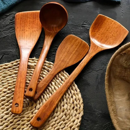 Colher de Pau e Conjunto de Utensílios de Cozinha com 4 Peças em Madeira, Pá, Colher, Espátula e Concha para Panelas Antiaderentes - Haustter