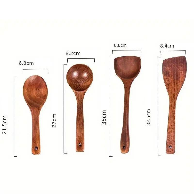 Colher de Pau e Conjunto de Utensílios de Cozinha com 4 Peças em Madeira, Pá, Colher, Espátula e Concha para Panelas Antiaderentes - Haustter - Haustter