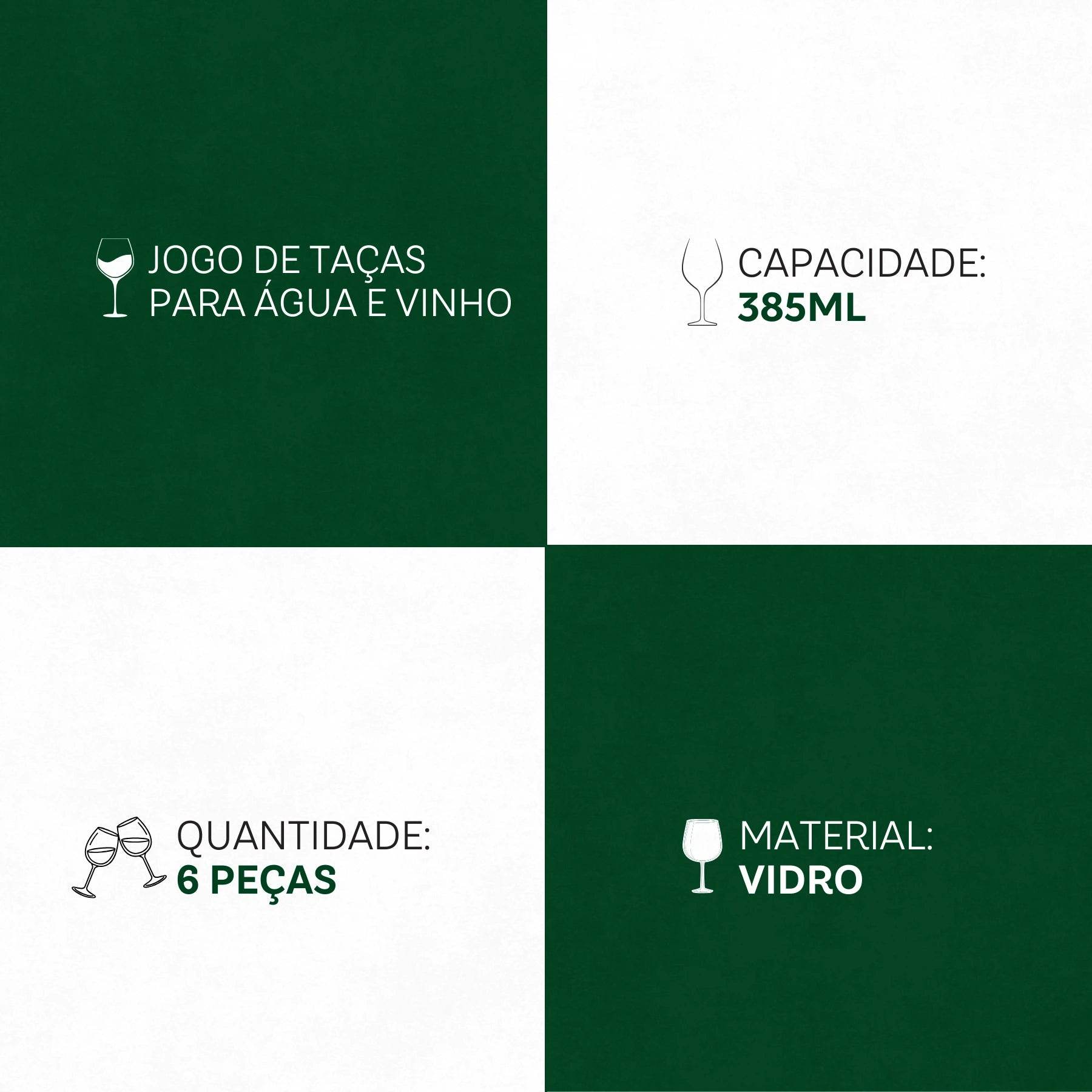 Conjunto de 6 Taças de Vidro 385ml para Água e Vinho | Haustter - Haustter