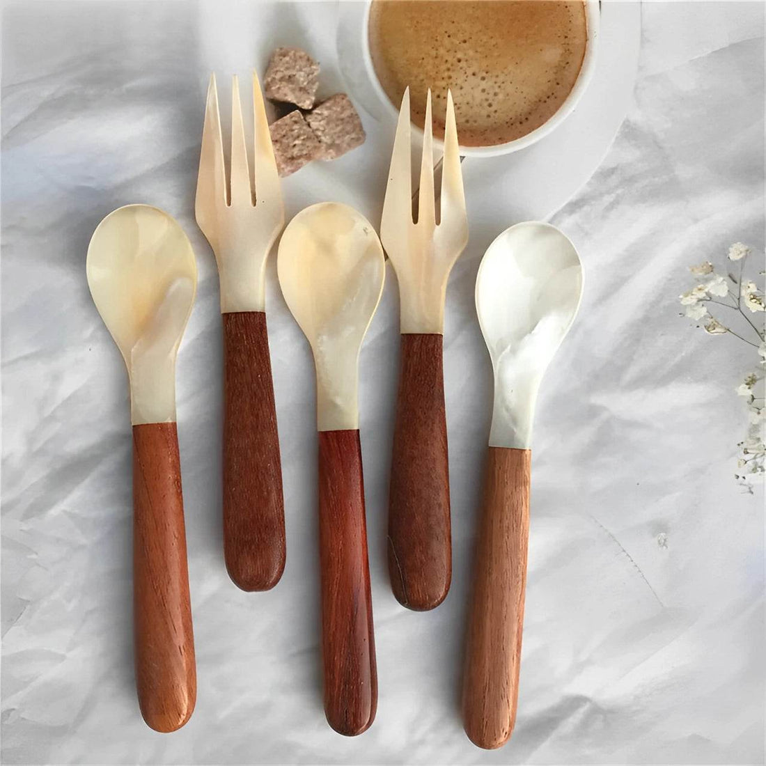 Conjunto de Colher e Garfo de Concha Natural com Cabo de Madeira - Haustter - Haustter