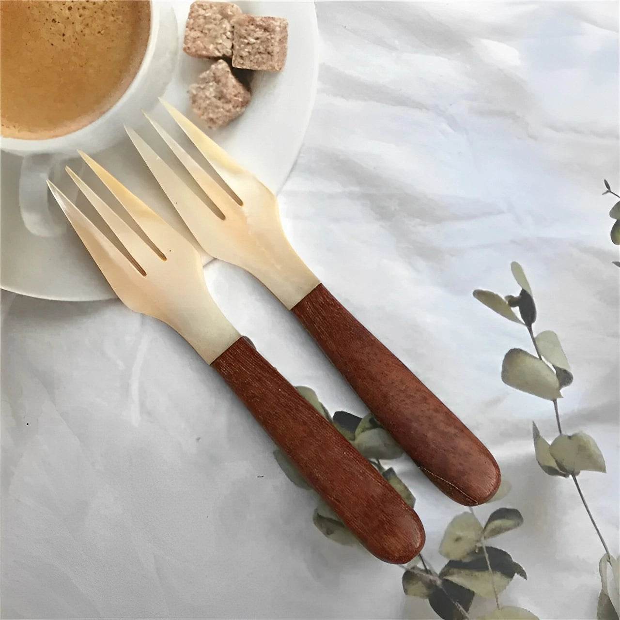 Conjunto de Colher e Garfo de Concha Natural com Cabo de Madeira - Haustter - Haustter