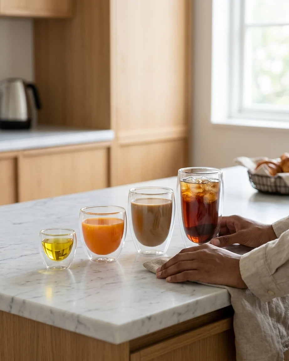 Conjunto de  6 Copos para Café em Vidro Duplo Transparente com Isolamento Térmico, 5 Tamanhos - Ideal para Bebidas Variadas