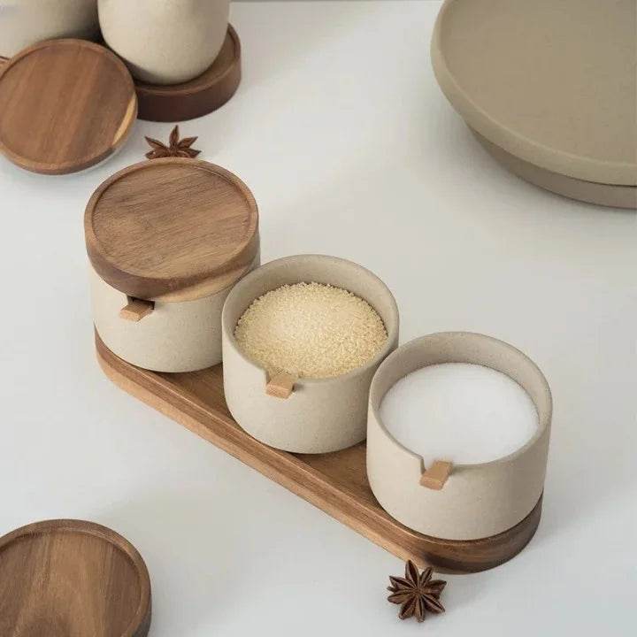 Conjunto de Potes para Temperos em Cerâmica para Cozinha Japonesa - Sal, Pimenta e Óleo - Haustter