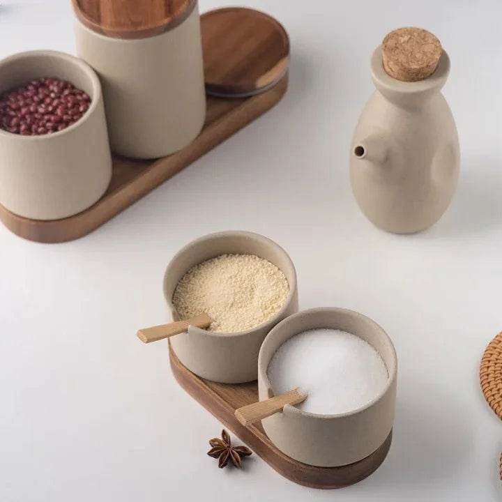 Conjunto de Potes para Temperos em Cerâmica para Cozinha Japonesa - Sal, Pimenta e Óleo - Haustter