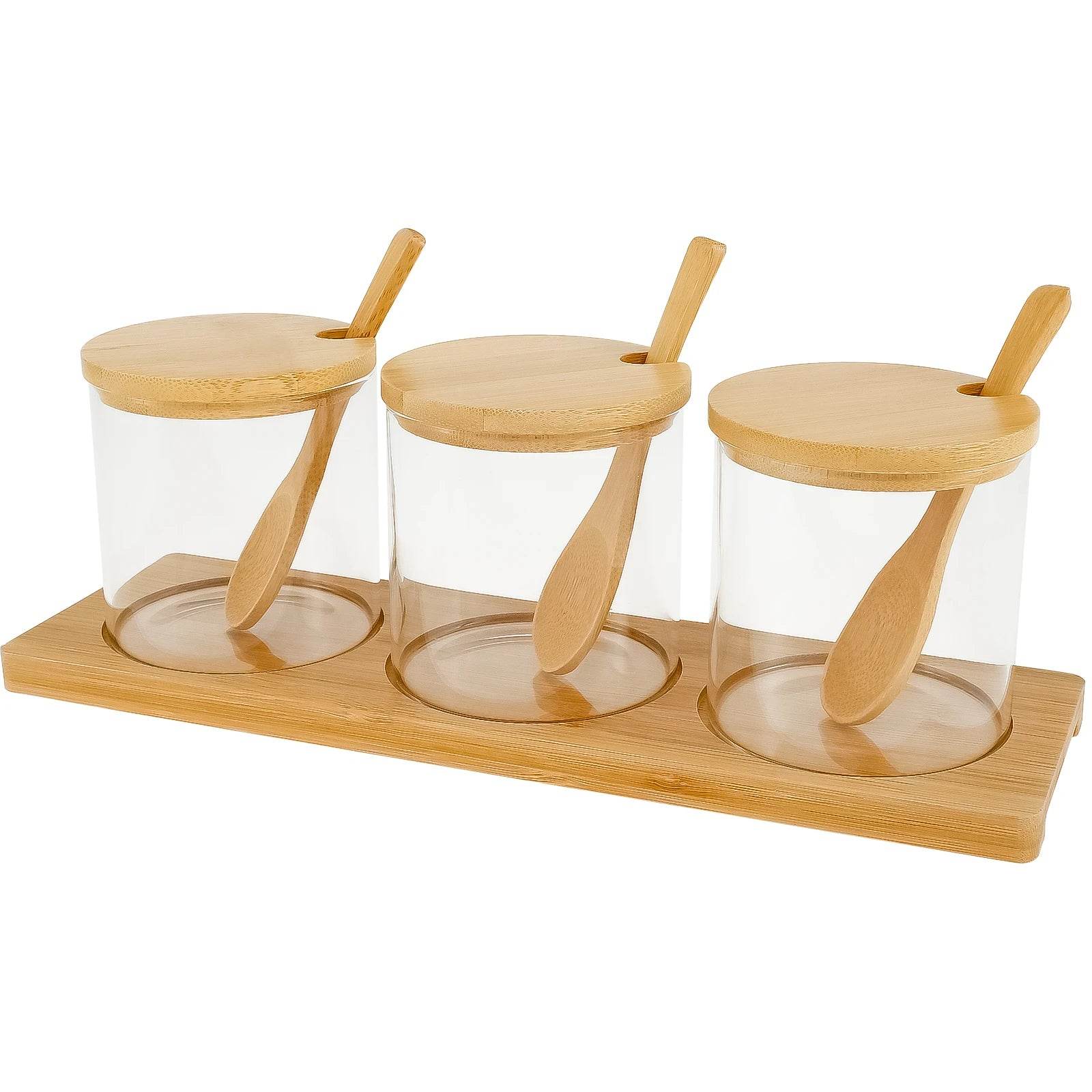 Conjunto de Potes de Tempero Redondos de Vidro com Tampa de Bambu - Organizador de Condimentos Delicado e Simples - Haustter