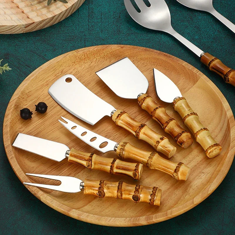 Conjunto de Talheres em Aço Inox e Bambu para Servir Queijos