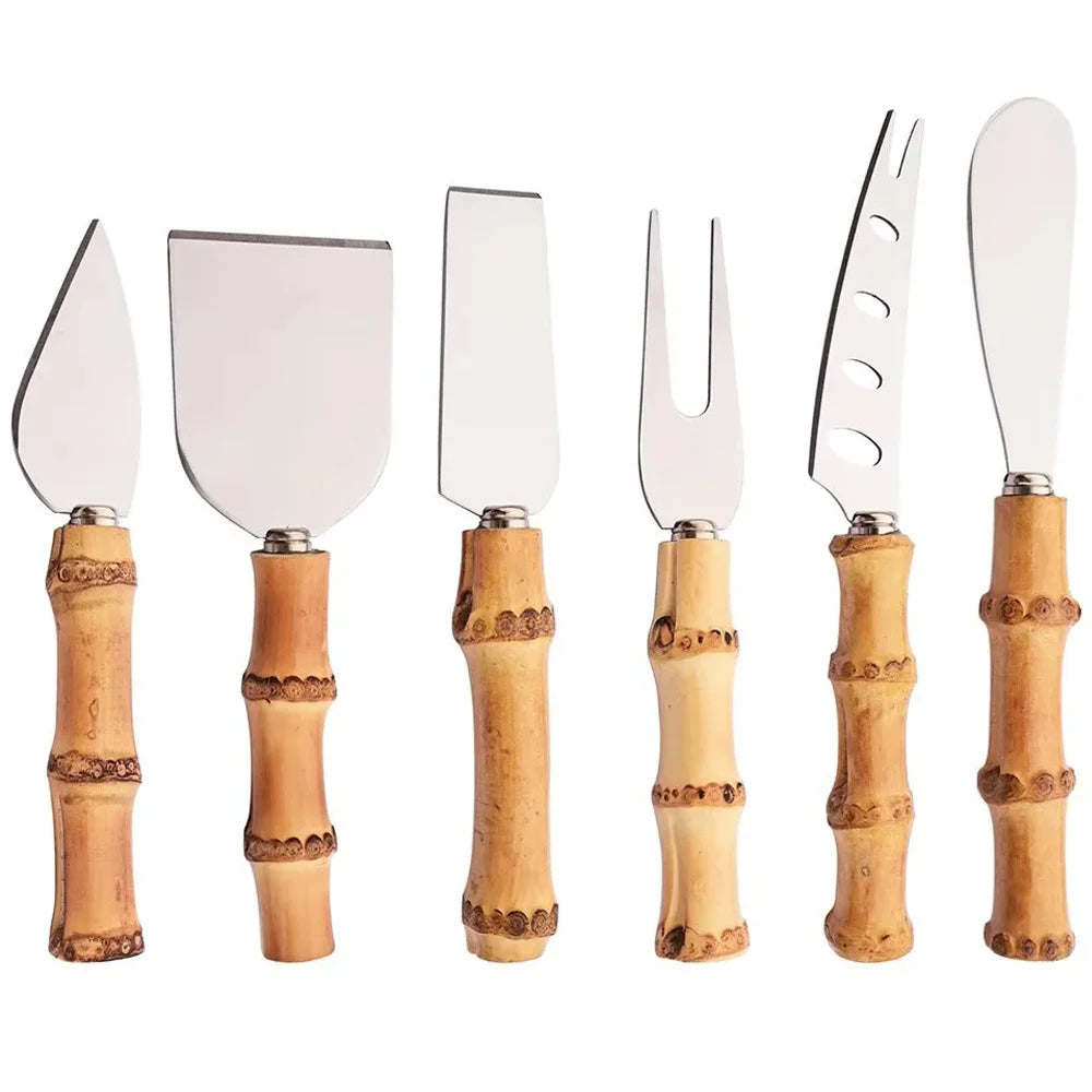 Conjunto de Talheres em Aço Inox e Bambu para Servir Queijos