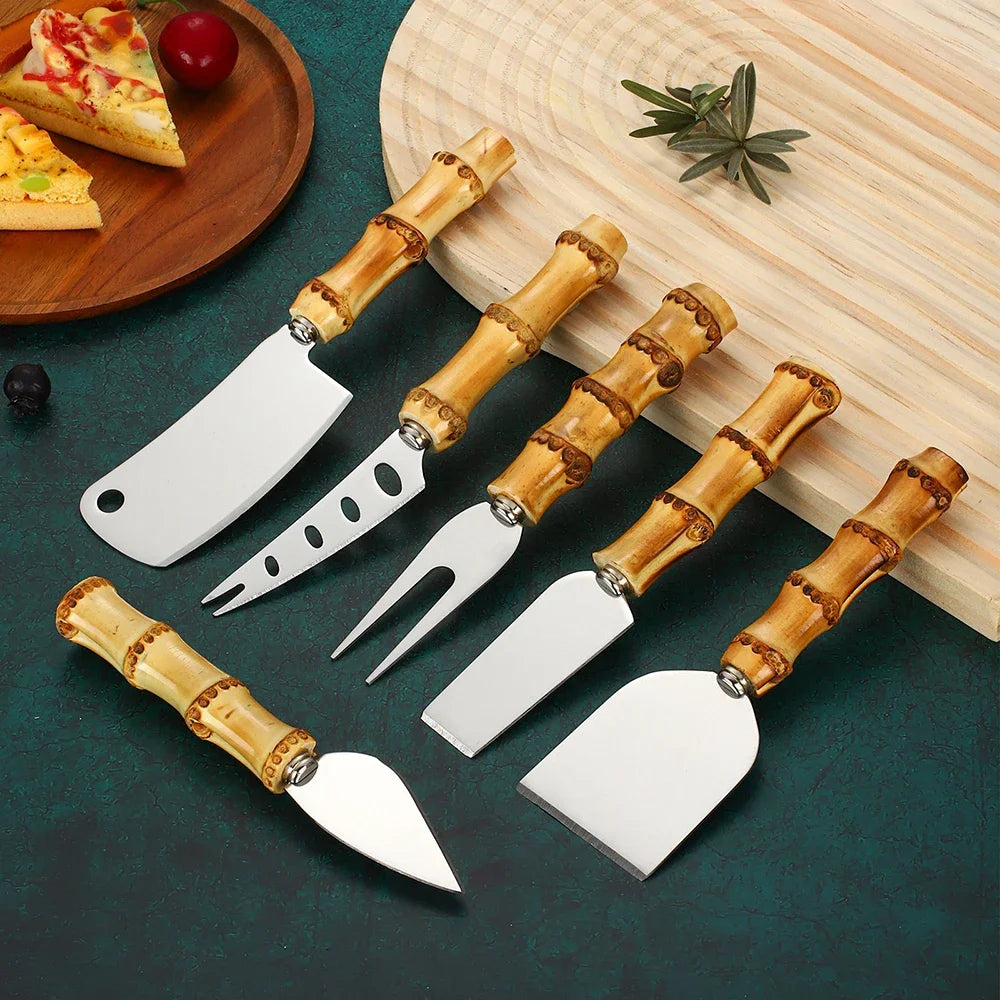 Conjunto de Talheres em Aço Inox e Bambu para Servir Queijos