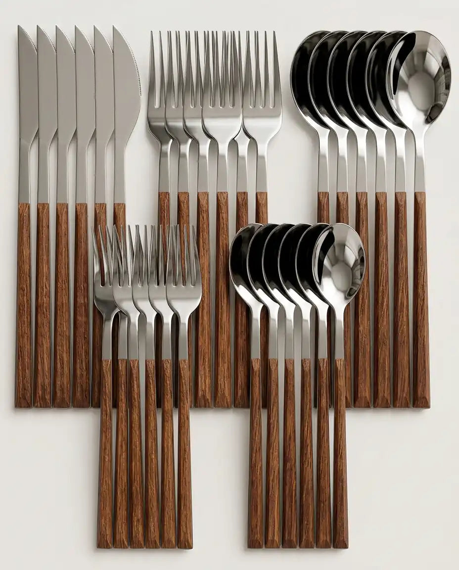Conjunto de 30 Talheres em Aço Inox com Cabo Amadeirado