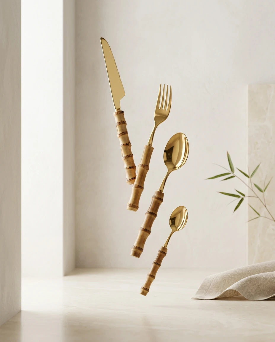 24 Talheres Dourados e Prata Inox com Cabo de Bambu, Conjunto - Haustter