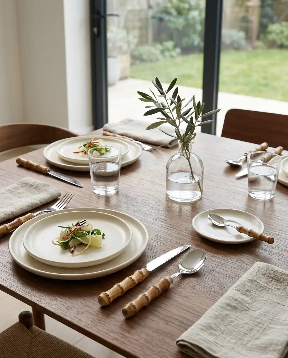 24 Talheres Dourados e Prata Inox com Cabo de Bambu, Conjunto - Haustter