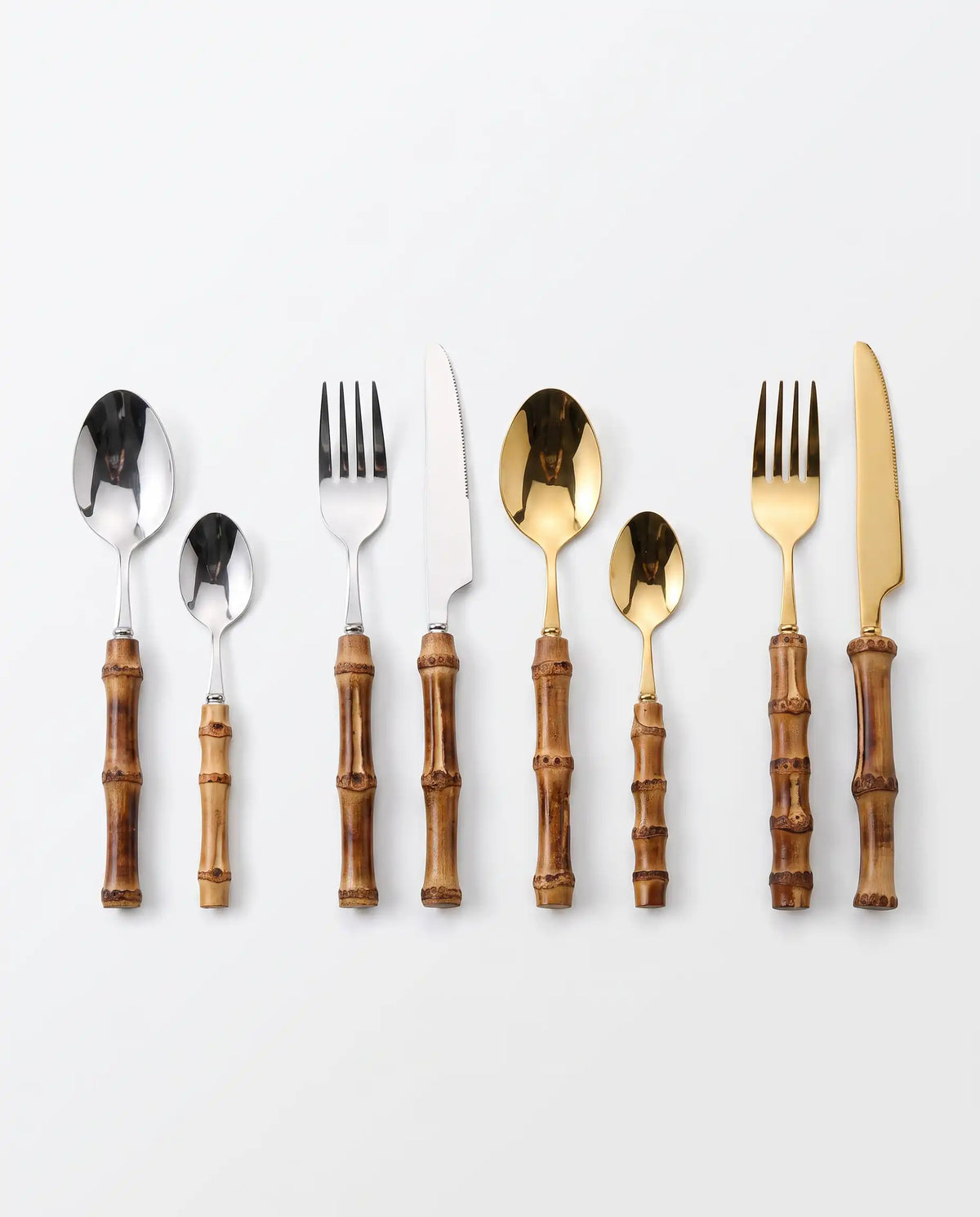 24 Talheres Dourados e Prata Inox com Cabo de Bambu, Conjunto - Haustter