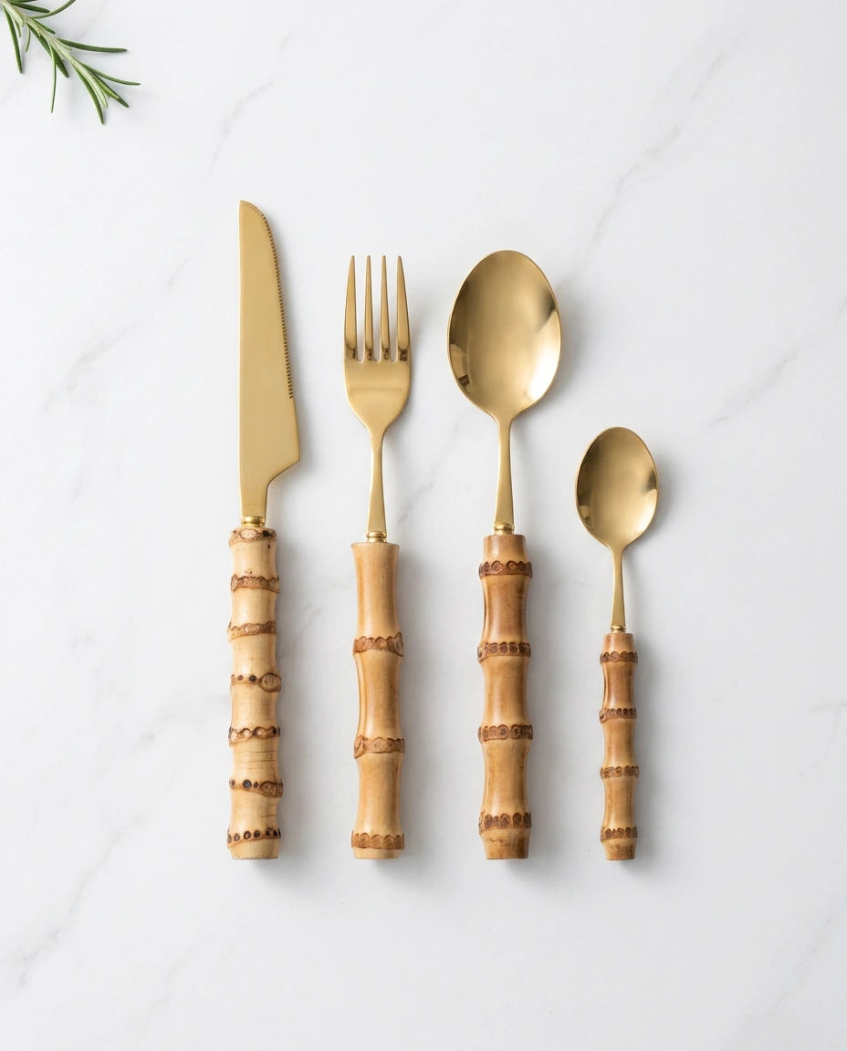 24 Talheres Dourados e Prata Inox com Cabo de Bambu, Conjunto - Haustter