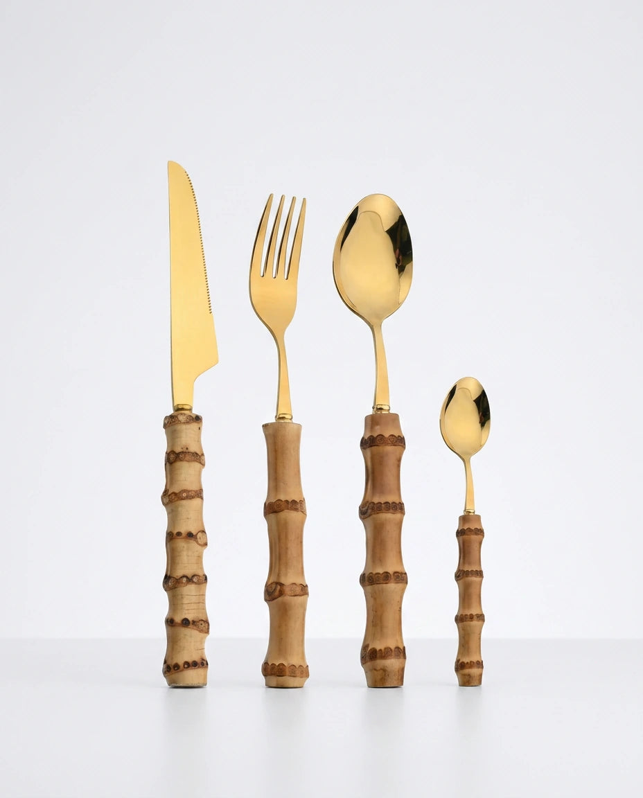 24 Talheres Dourados e Prata Inox com Cabo de Bambu, Conjunto - Haustter