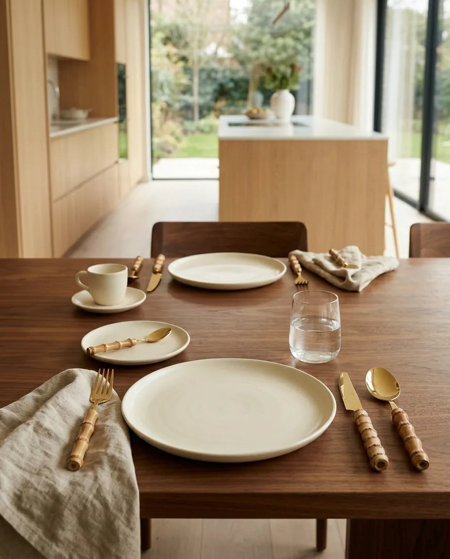 24 Talheres Dourados e Prata Inox com Cabo de Bambu, Conjunto - Haustter