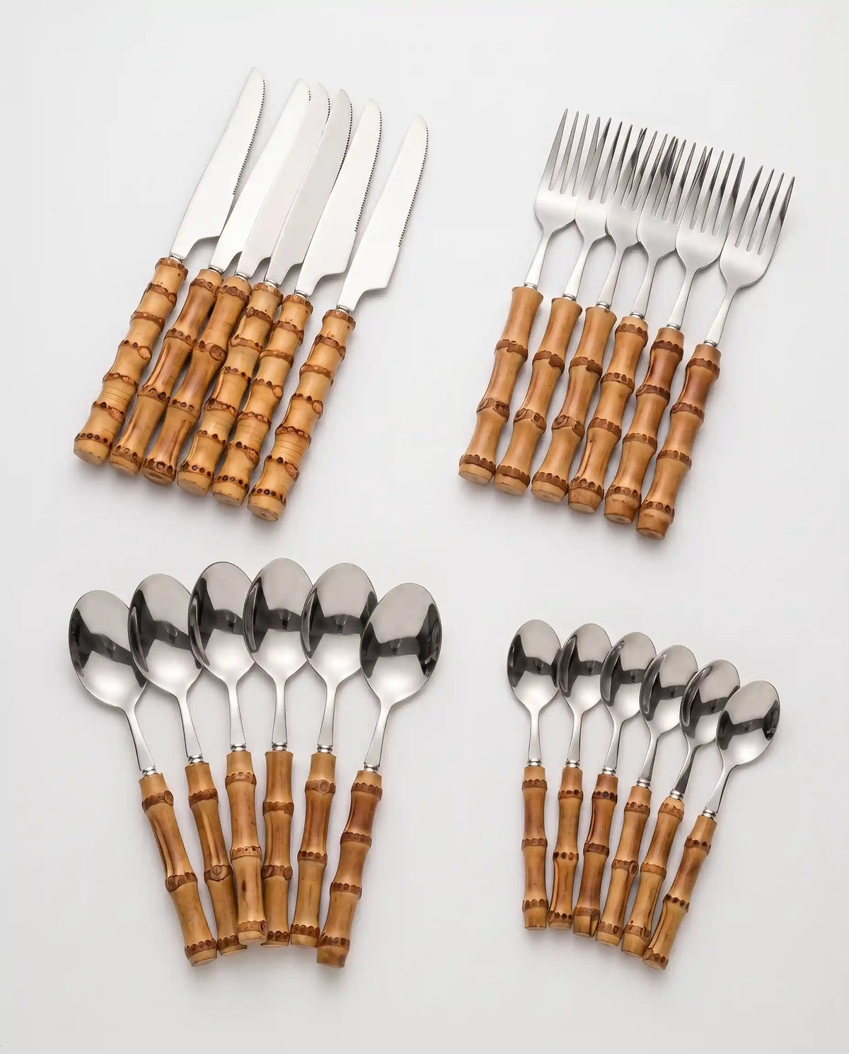 24 Talheres Dourados e Prata Inox com Cabo de Bambu, Conjunto - Haustter