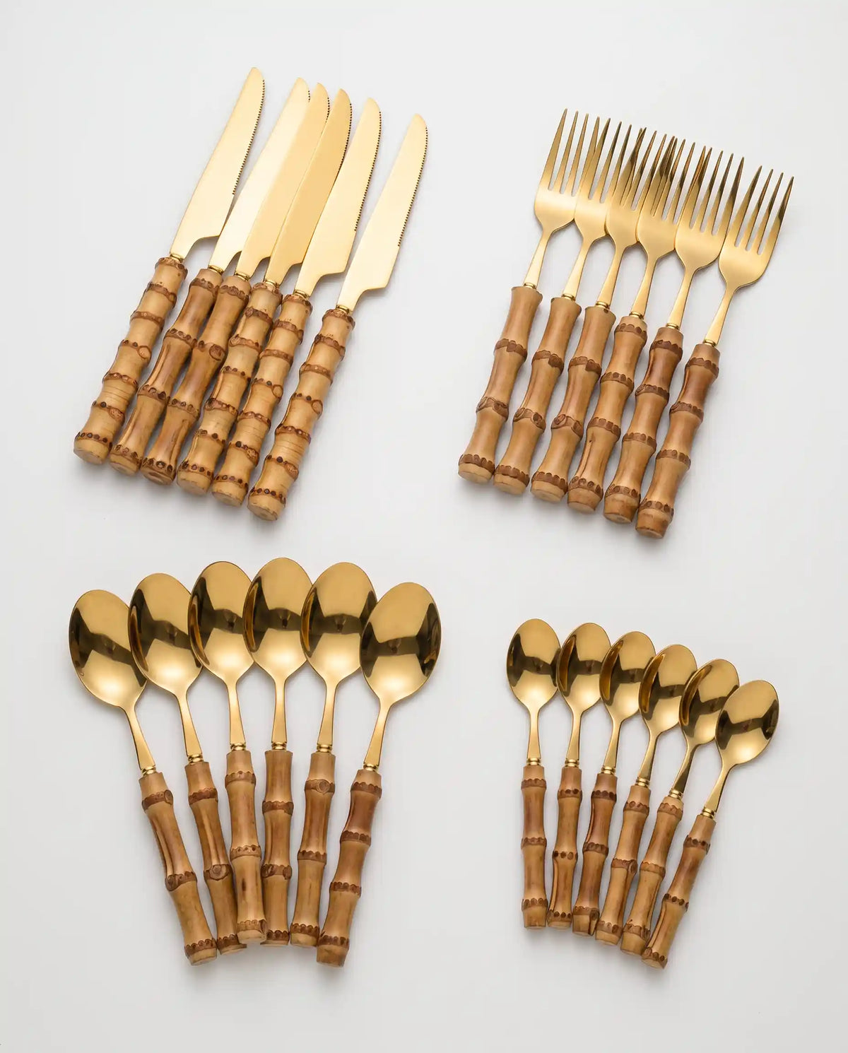 24 Talheres Dourados e Prata Inox com Cabo de Bambu, Conjunto - Haustter