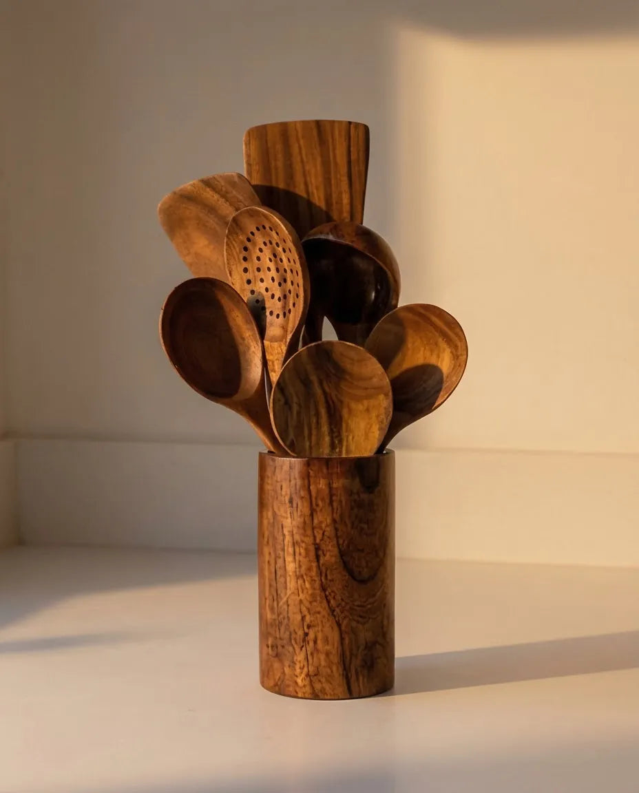 Conjunto de Utensílios de Cozinha de Madeira com Balde