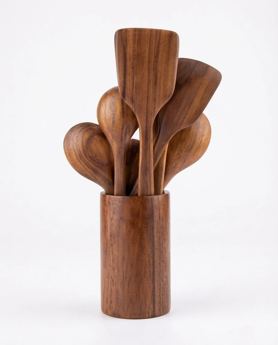 Conjunto de Utensílios de Cozinha de Madeira com Balde