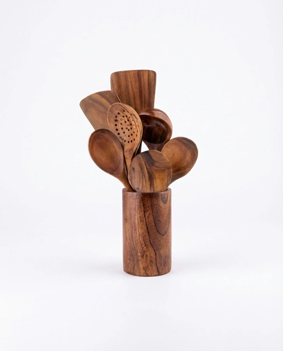 Conjunto de Utensílios de Cozinha de Madeira com Balde