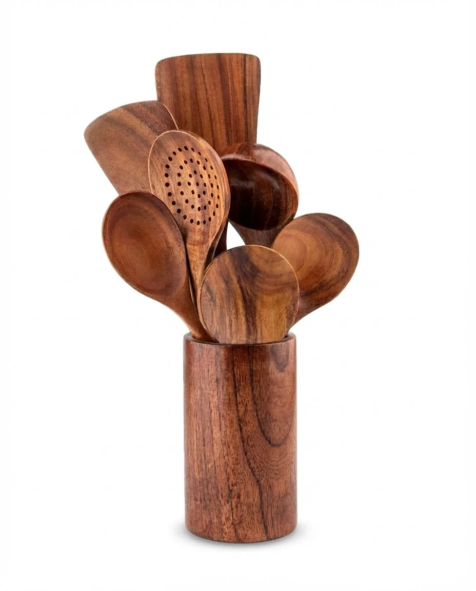 Conjunto de Utensílios de Cozinha de Madeira com Balde