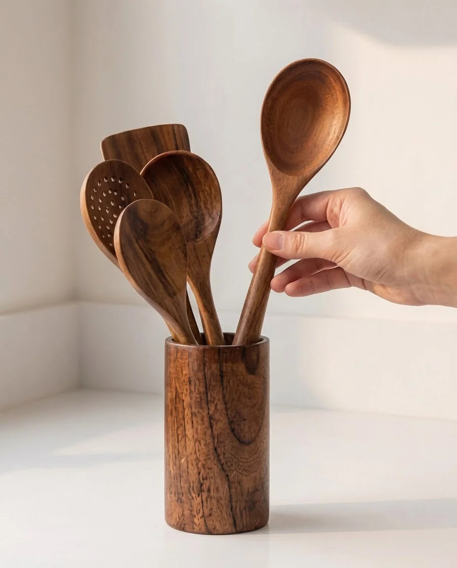 Conjunto de Utensílios de Cozinha de Madeira com Balde