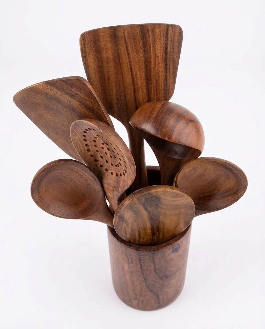 Conjunto de Utensílios de Cozinha de Madeira com Balde