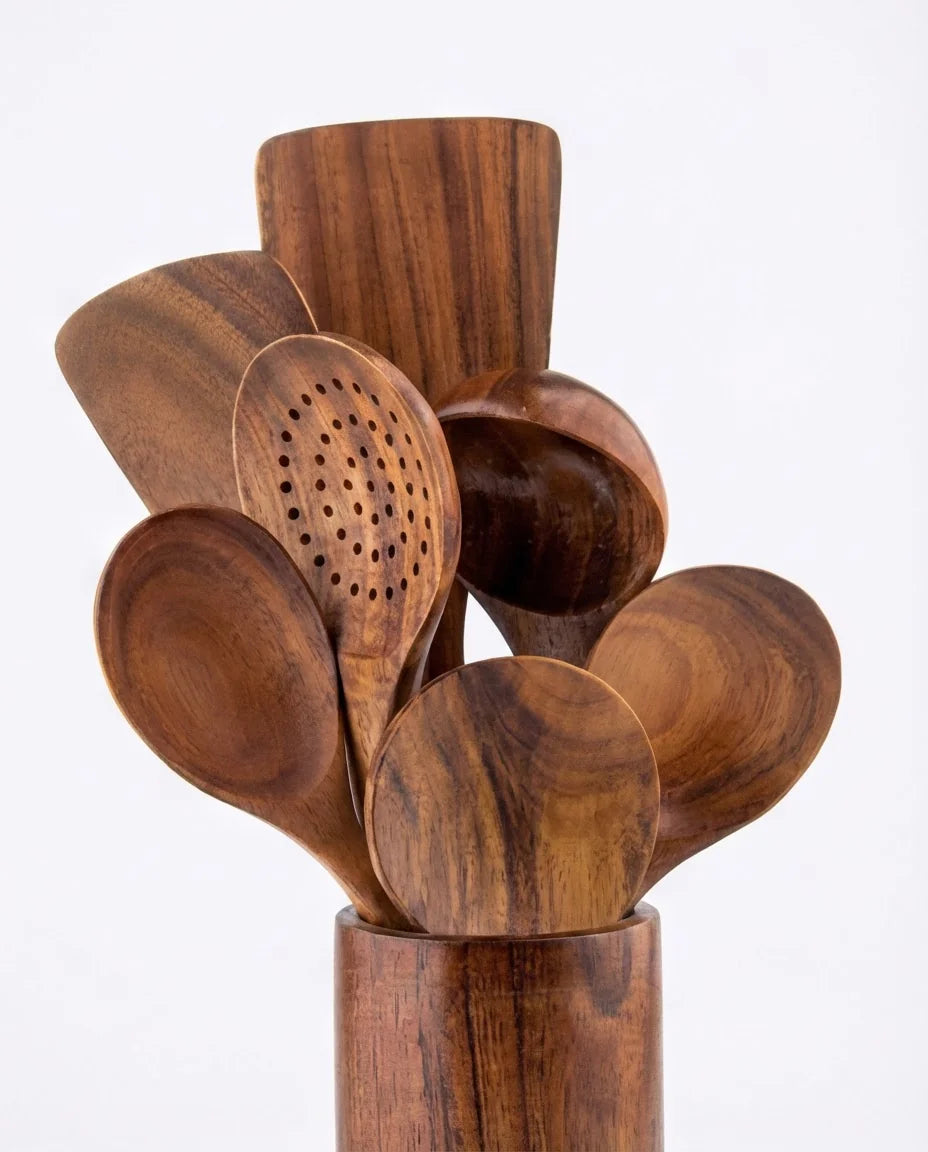 Conjunto de Utensílios de Cozinha de Madeira com Balde