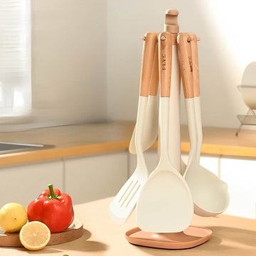 Conjunto de Utensílios de Silicone com Cabo de Madeira - Haustter - Haustter