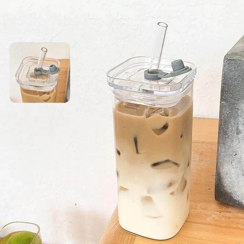Copo Quadrado de Vidro com Tampa e Canudo para Café, Leite, Chá e Suco - Haustter - Haustter