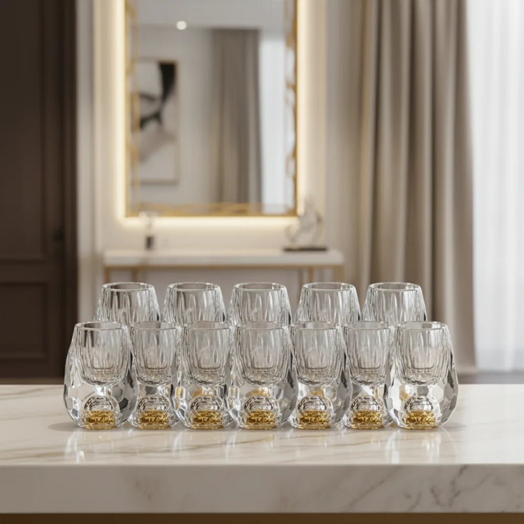 Copo Diamante Luxo com Fundo Duplo e Lascas Douradas para Baijiu, Licor, Cachaça, Tequila e Shots | Haustter