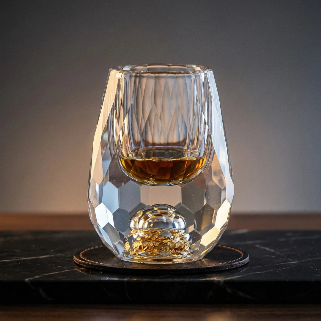 Copo Diamante Luxo com Fundo Duplo e Lascas Douradas para Baijiu, Licor, Cachaça, Tequila e Shots | Haustter