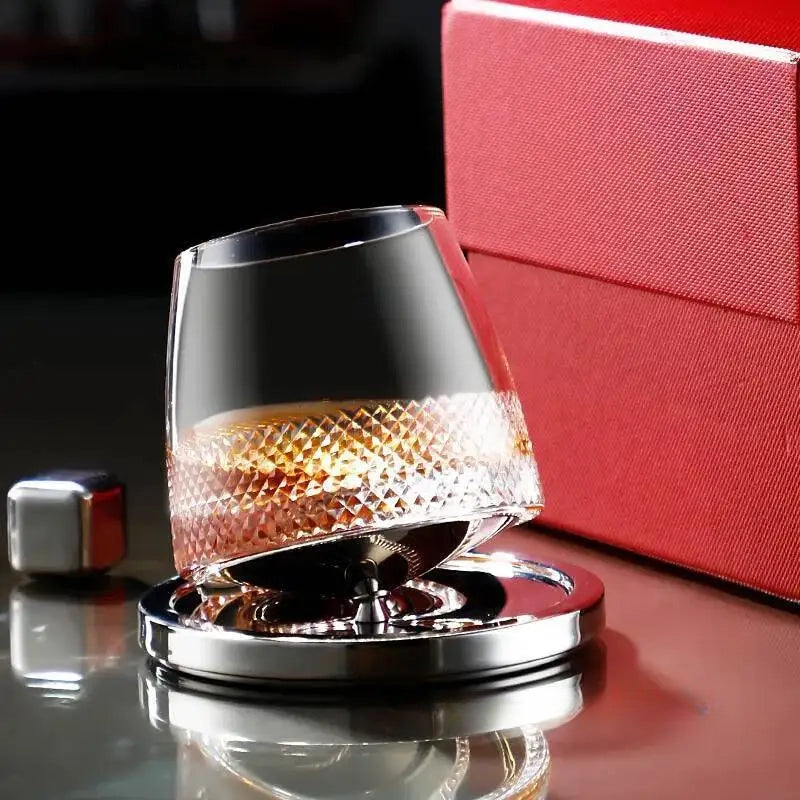 Copo Giratório Lapidado para Whisky com Base Inox
