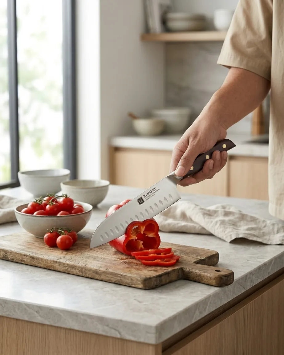 Faca Santoku 7" em Aço Inox com Cabo de Sândalo Vermelho