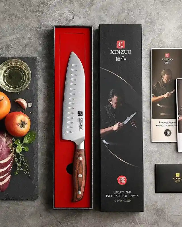 Faca Santoku 7" em Aço Inox com Cabo de Sândalo Vermelho