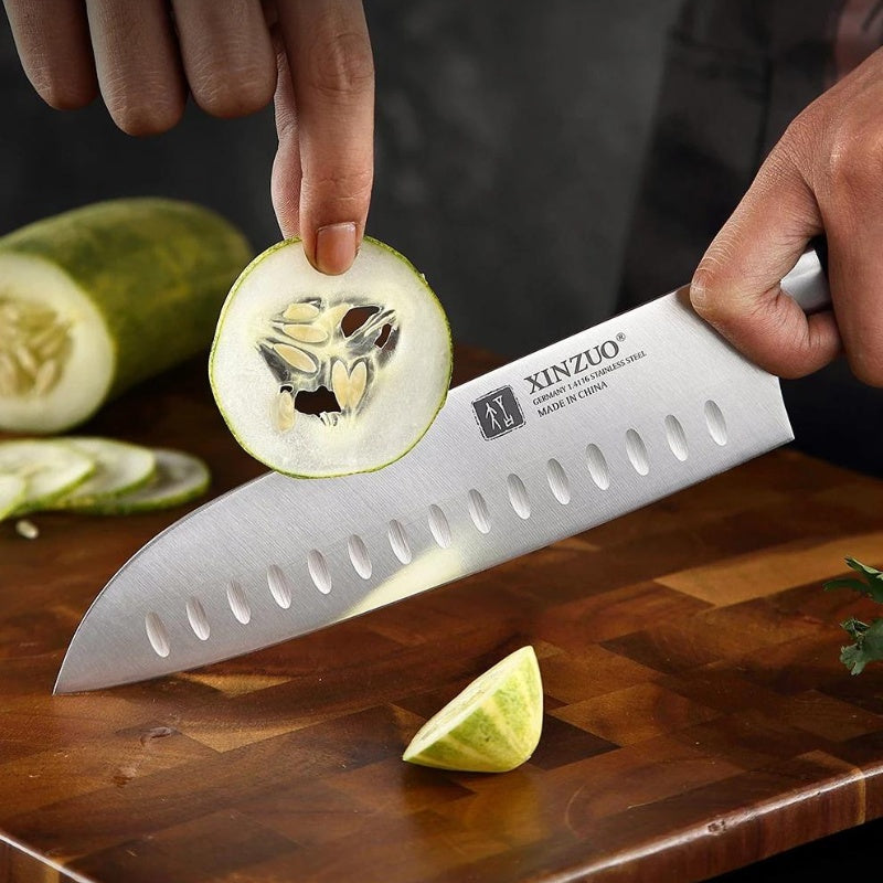 Faca Santoku XINZUO de 7 polegadas, Aço Inoxidável Din 1.4116, Ideal para Chefs, Lâmina Precisa, Cabo de Sândalo Vermelho - Haustter