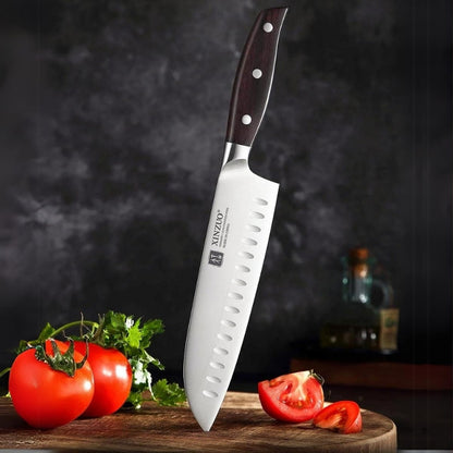 Faca Santoku XINZUO de 7 polegadas, Aço Inoxidável Din 1.4116, Ideal para Chefs, Lâmina Precisa, Cabo de Sândalo Vermelho - Haustter