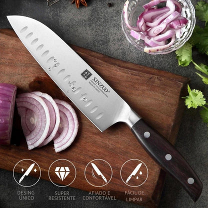 Faca Santoku XINZUO de 7 polegadas, Aço Inoxidável Din 1.4116, Ideal para Chefs, Lâmina Precisa, Cabo de Sândalo Vermelho - Haustter