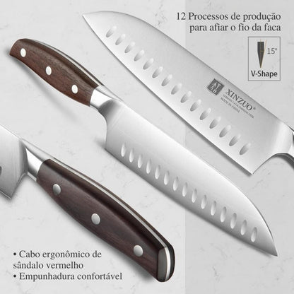 Faca Santoku XINZUO de 7 polegadas, Aço Inoxidável Din 1.4116, Ideal para Chefs, Lâmina Precisa, Cabo de Sândalo Vermelho - Haustter