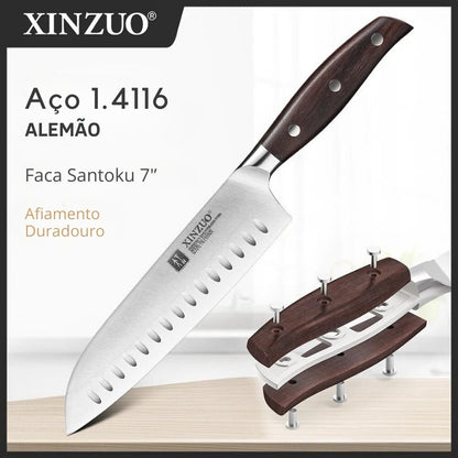 Faca Santoku XINZUO de 7 polegadas, Aço Inoxidável Din 1.4116, Ideal para Chefs, Lâmina Precisa, Cabo de Sândalo Vermelho - Haustter