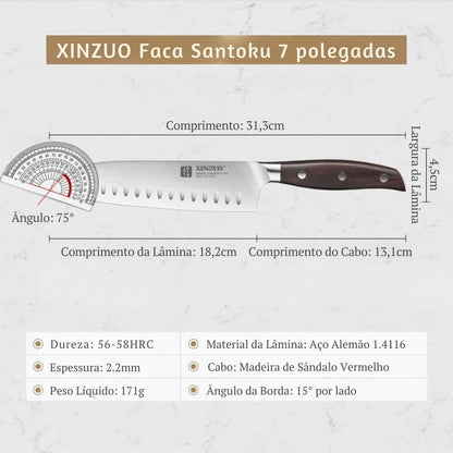 Faca Santoku XINZUO de 7 polegadas, Aço Inoxidável Din 1.4116, Ideal para Chefs, Lâmina Precisa, Cabo de Sândalo Vermelho - Haustter