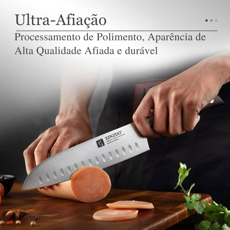 Faca Santoku XINZUO de 7 polegadas, Aço Inoxidável Din 1.4116, Ideal para Chefs, Lâmina Precisa, Cabo de Sândalo Vermelho - Haustter