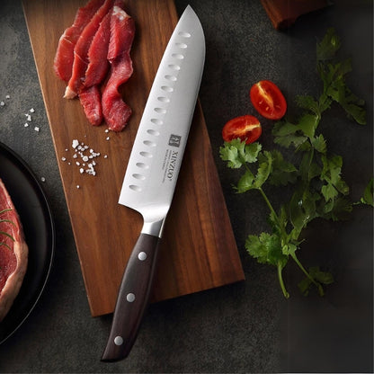 Faca Santoku XINZUO de 7 polegadas, Aço Inoxidável Din 1.4116, Ideal para Chefs, Lâmina Precisa, Cabo de Sândalo Vermelho - Haustter