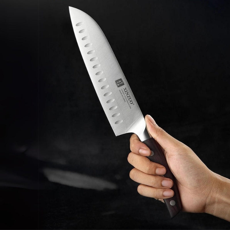 Faca Santoku XINZUO de 7 polegadas, Aço Inoxidável Din 1.4116, Ideal para Chefs, Lâmina Precisa, Cabo de Sândalo Vermelho - Haustter