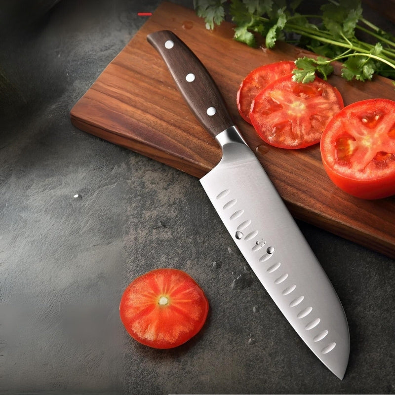 Faca Santoku XINZUO de 7 polegadas, Aço Inoxidável Din 1.4116, Ideal para Chefs, Lâmina Precisa, Cabo de Sândalo Vermelho - Haustter