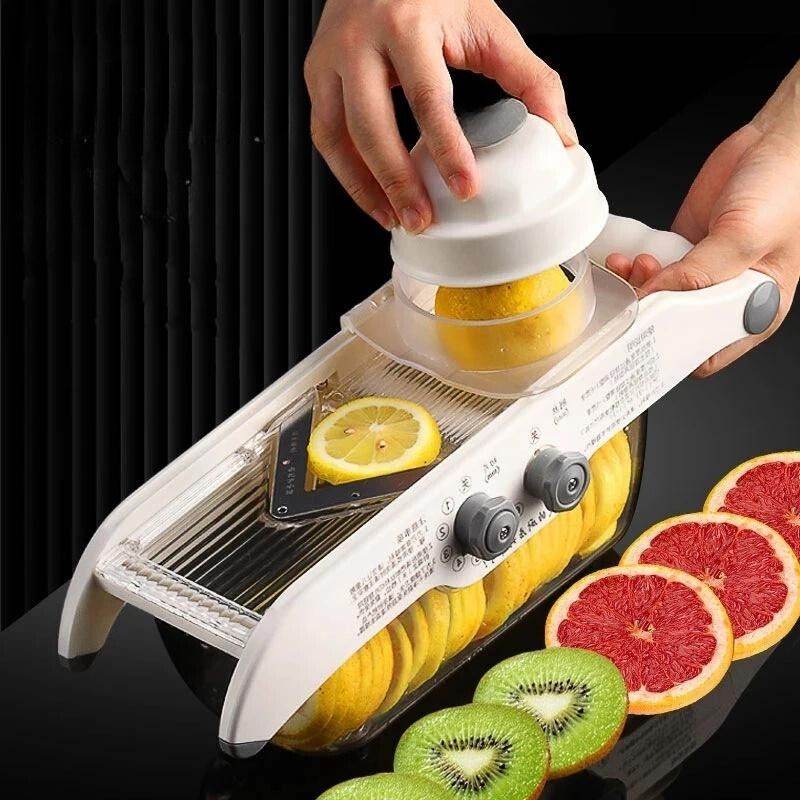 Fatiador Multifuncional de Limão e de Legumes com Cesta, Cortador de Frutas e Batatas em V, Fatiador de Cenoura, Acessórios de Cozinha - Haustter - Haustter
