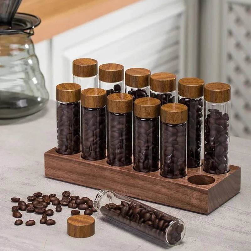 Frascos de Grãos de Café e Temperos com Estante de Nogueira - Haustter - Haustter