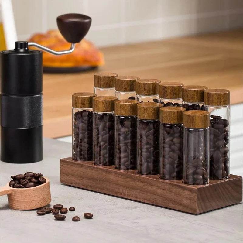 Frascos de Grãos de Café e Temperos com Estante de Nogueira - Haustter - Haustter